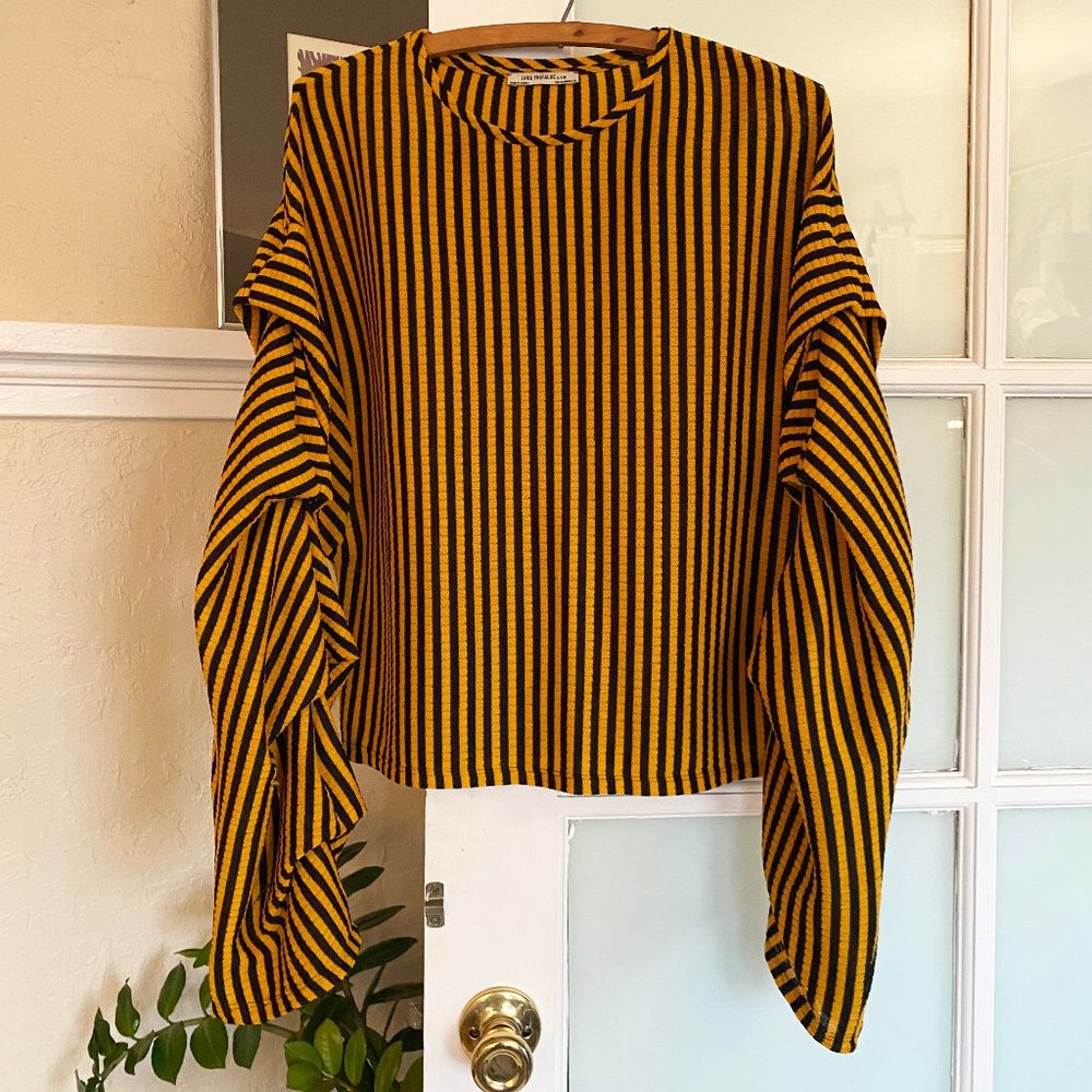 Zara black and yellow stripe ruffle sleeve top